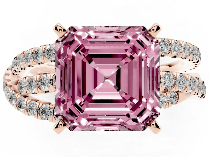 Fancy Pink Asscher Cut Diamond Solitaire Twist Band Ring Set in Rose gold with Pavé Setting and Prong Head
