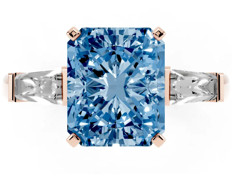Fancy Blue Radiant Cut Diamond Solitaire Ring Set in Rose gold with Tapered Baguette Side Stones and Prong Setting