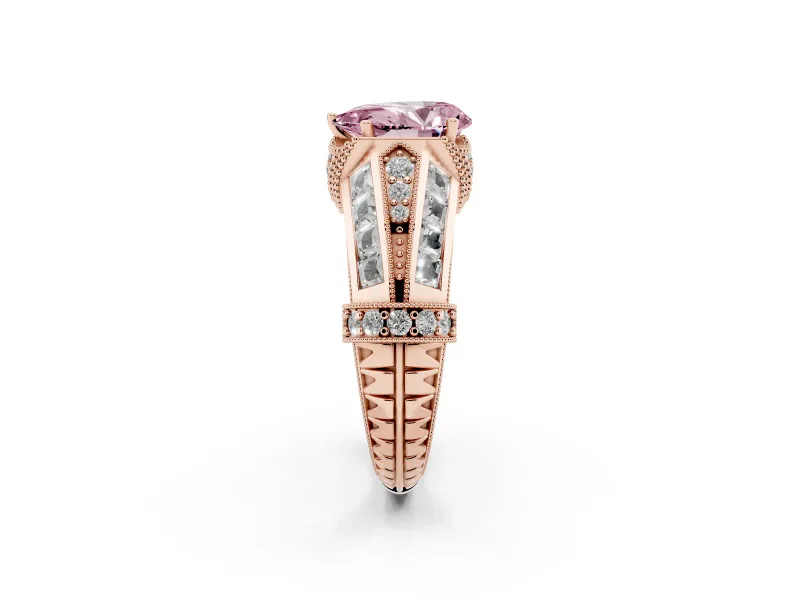 Fancy Pink Pear Cut Diamond Vintage-Inspired Milgrain Ring Set in Rose gold with Accent Split Shank