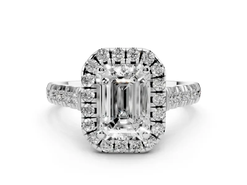 Emerald Cut Diamond Halo Engagement Ring Set in White gold with Pavé Band and Prong-Set Center