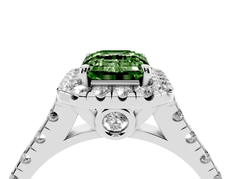 Emerald Cut Halo Engagement Ring Setting for a Fancy Green Lab-Grown Diamond | Shared Prong Shoulders | Sterling Silver