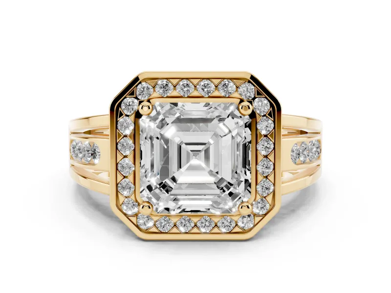 Asscher Cut Diamond Halo Ring Set in Yellow gold with Pavé and Bezel Accent Split Shank