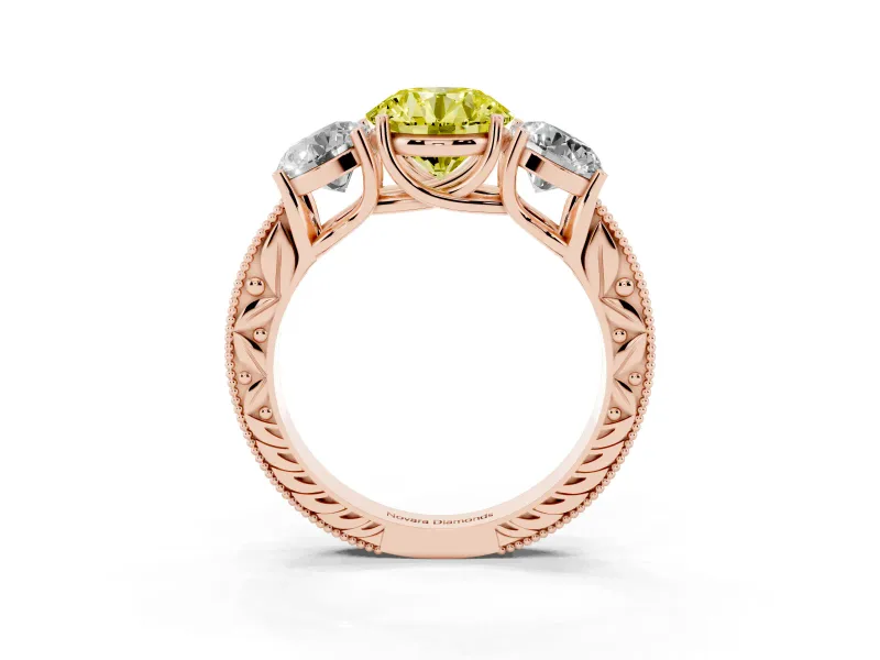 Round Vintage Three Stone Engagement Ring Setting for a Fancy Yellow Lab-Grown Diamond | Rose Gold