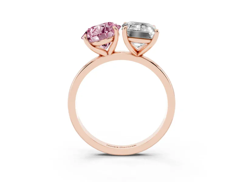 Fancy Pink Round Cut and Emerald Cut Toi Moi Ring Set in Rose gold with Prong Setting