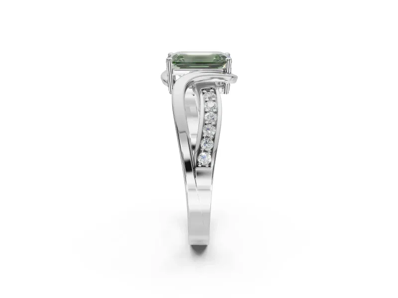 Emerald Cut Bypass Solitaire Engagement Ring Setting for a Fancy Green Lab-Grown Diamond | Pavé Strands | Platinum