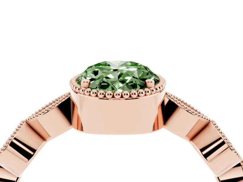Fancy Green Oval Cut Diamond Vintage-Inspired Milgrain Ring Set in Rose gold with Marquise Stations of Round Accents