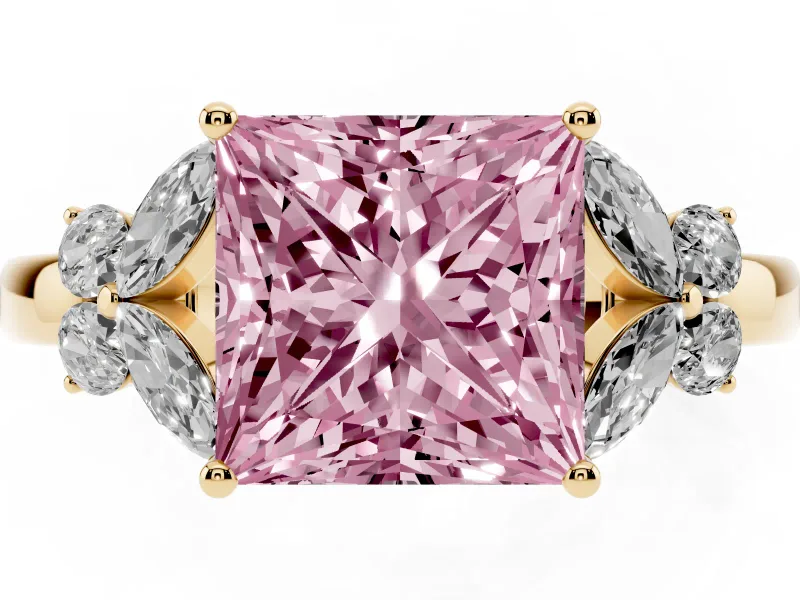 Fancy Pink Princess Cut Diamond Solitaire Floral Ring Set in Yellow gold with Marquise Petals and Prong Setting