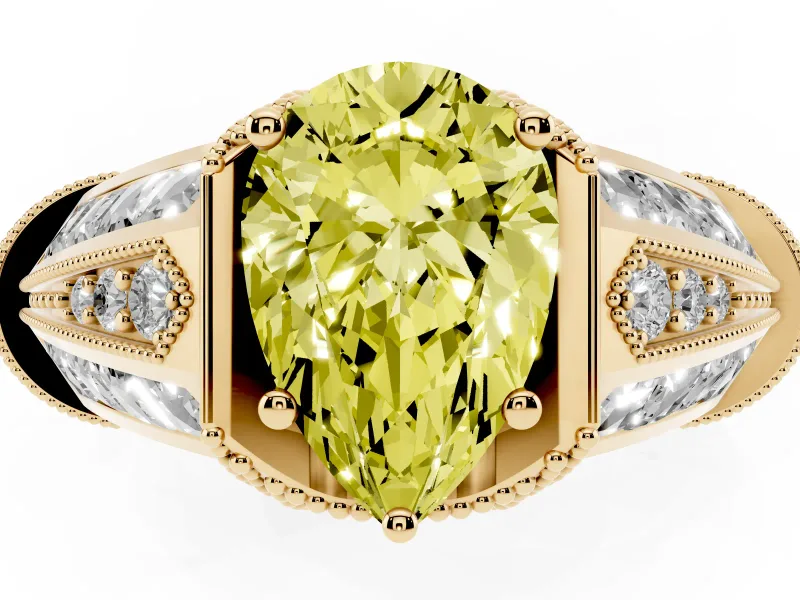 Fancy Yellow Pear Cut Diamond Vintage-Inspired Milgrain Ring Set in Yellow gold with Accent Split Shank