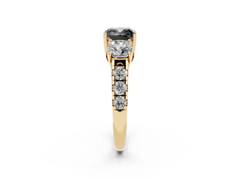 Fancy Black Cushion Cut Diamond Three-Stone Ring Set in Yellow gold with Pavé Band