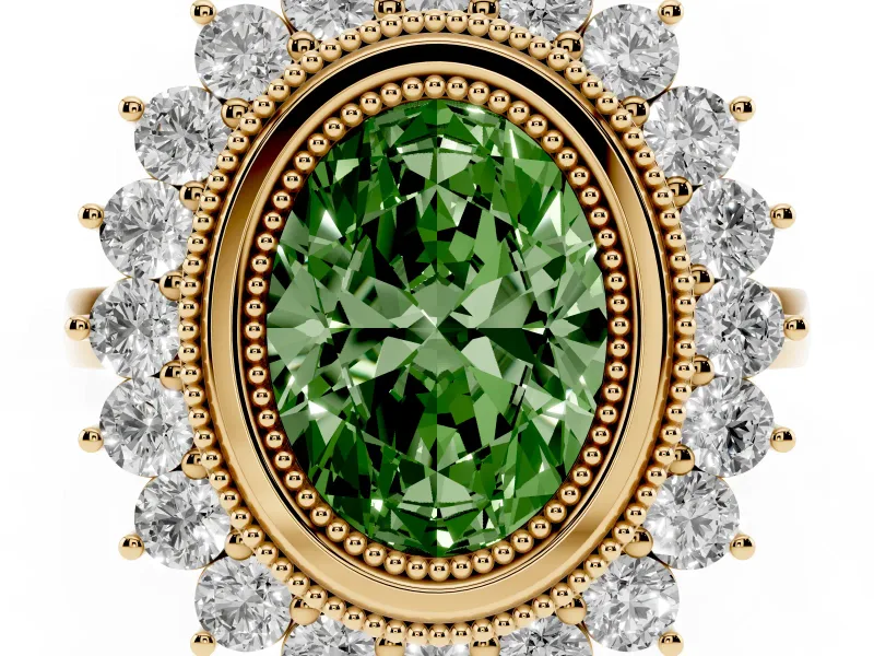Fancy Green Oval Cut Diamond Halo Ring Set in Yellow gold with Milgrain Edge and Round Prong Setting