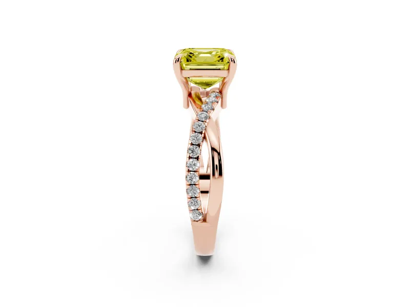 Fancy Yellow Asscher Cut Diamond Twist Band Solitaire Set in Rose gold with Pavé Accents and Prong Setting