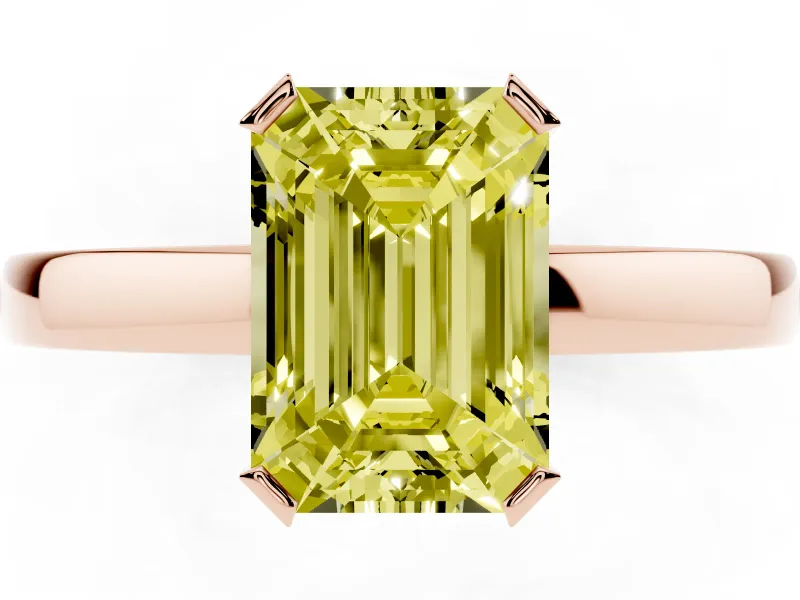 Fancy Yellow Emerald Cut Diamond Solitaire Ring Set in Rose gold with Prong Head and Smooth Polished Band