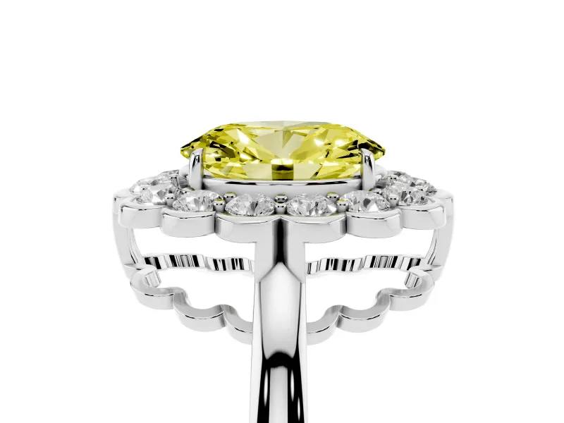 Oval Scalloped Cluster Halo Engagement Ring Setting for a Fancy Yellow Lab-Grown Diamond | Plain Band | Sterling Silver