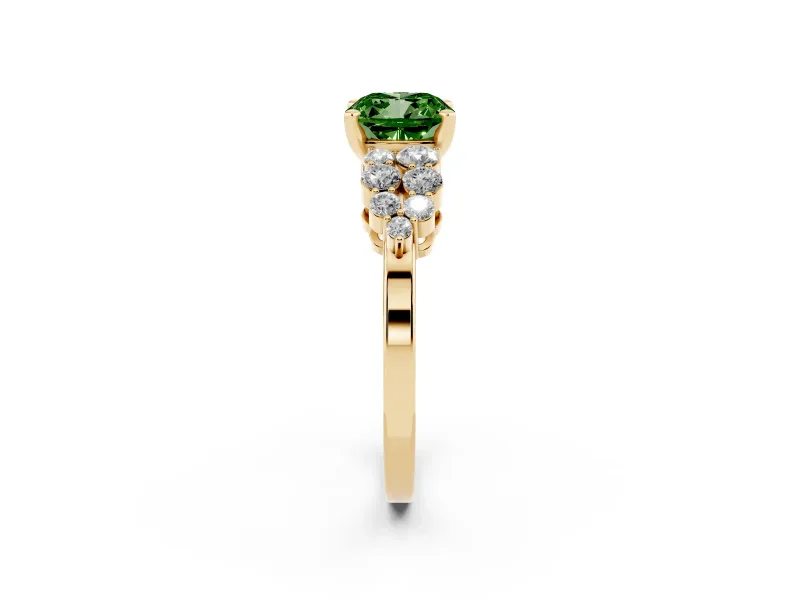 Fancy Green Cushion Cut Diamond Cluster Engagement Ring Set in Yellow gold with Pavé Band and Prong Setting