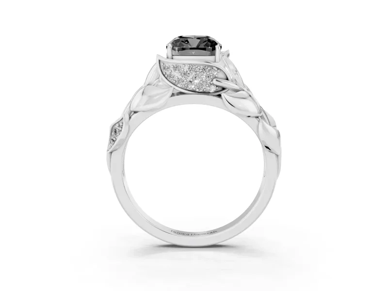 Cushion Cut Leaf Bypass Engagement Ring Setting for a Black Center | Pavé Leaf Accents | White Gold