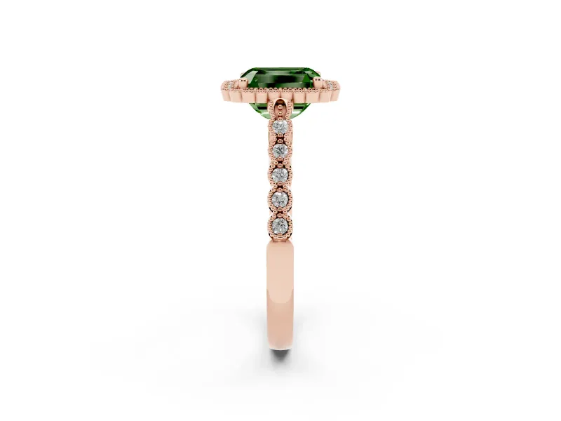 Radiant Cut Milgrain Halo Engagement Ring Setting for a Fancy Green Lab-Grown Diamond | Beaded Shoulders | Rose Gold