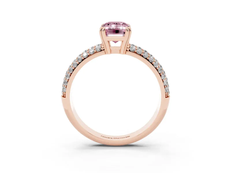 Emerald Cut Three Row Pave Engagement Ring Setting for a Fancy Pink Lab-Grown Diamond | Rose Gold