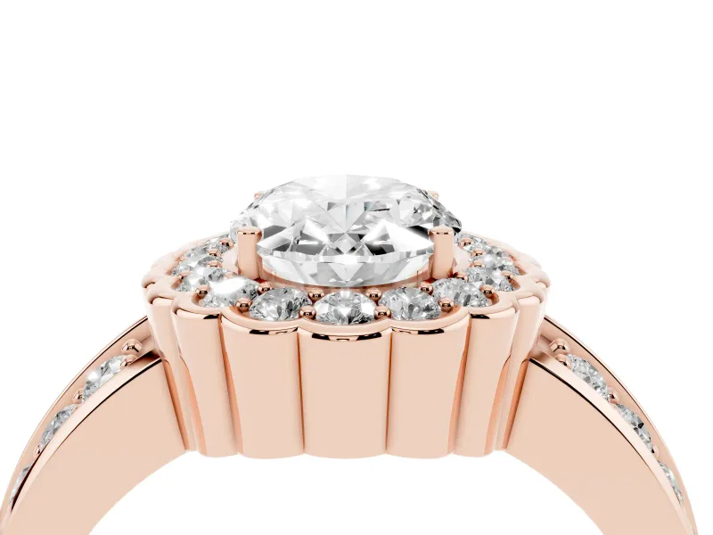 Oval Cut Diamond Scalloped Halo Ring Set in Rose gold with Pavé Split Shank