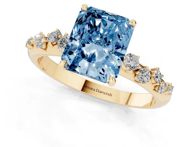 Fancy Blue Radiant Cut Diamond Cluster Solitaire Ring Set in Yellow gold with Prong Setting