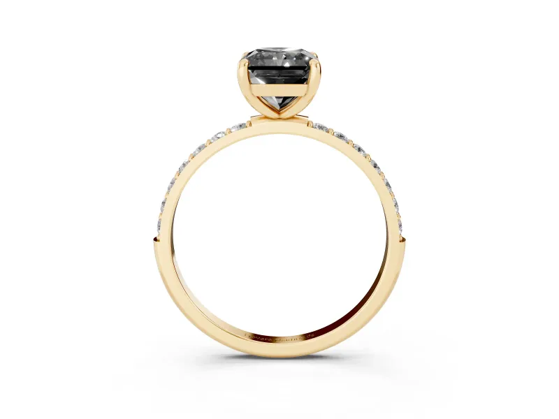 Fancy Black Radiant Cut Diamond Solitaire Ring Set in Yellow gold with Round Pavé Band and Prong Setting