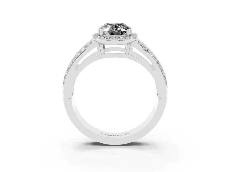 Oval Halo Engagement Ring Setting for a Black Center | Two-Row Pavé Split Shank | White Gold