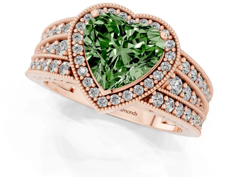 Heart-Shaped Milgrain Halo Engagement Ring Setting for a Fancy Green Lab-Grown Diamond | Split Shank | Rose Gold