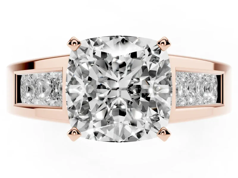 Cushion Cut Channel-Set Engagement Ring Setting | Princess Side Stones | Rose Gold
