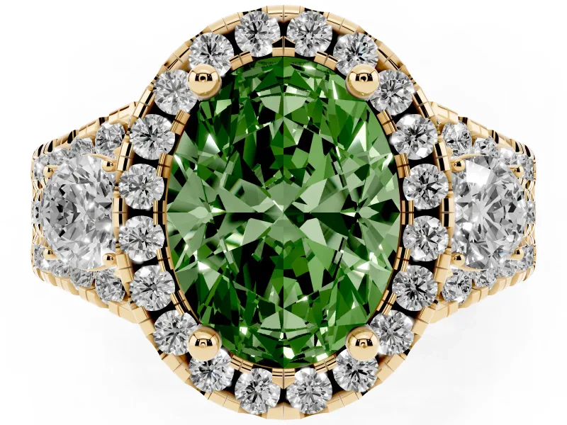 Oval Halo Split Shank Engagement Ring Setting for a Fancy Green Lab-Grown Diamond | Round Side Stones | Yellow Gold