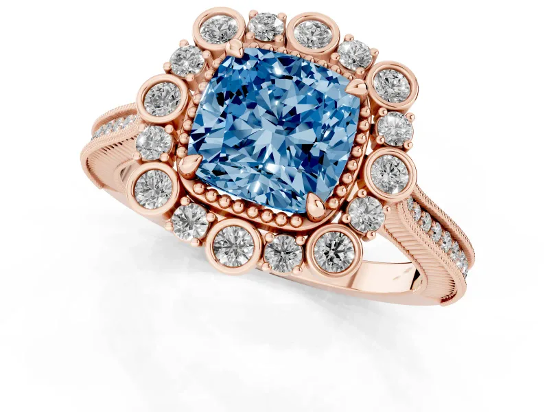 Fancy Blue Cushion Cut Diamond Halo Milgrain Pavé Ring Set in Rose gold with Prong Setting