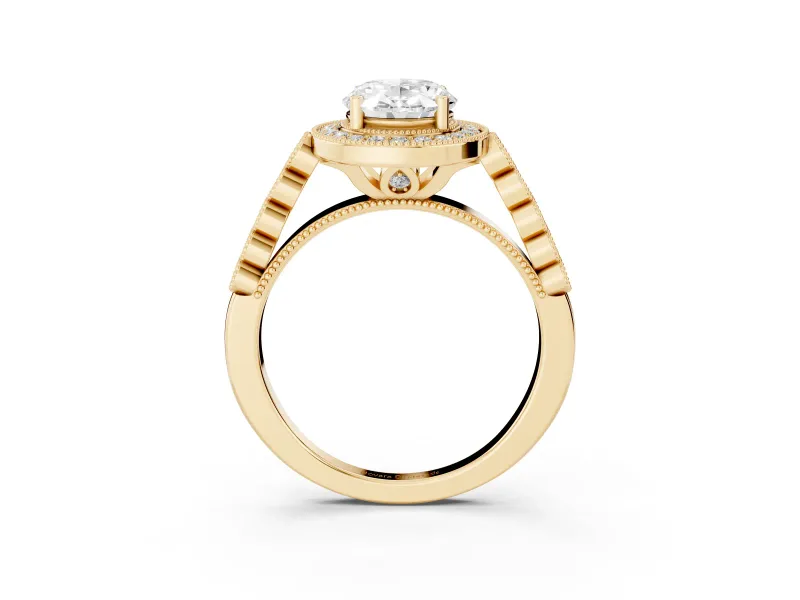 Oval Cut Diamond Milgrain Halo Solitaire Ring Set in Yellow gold with Bezel Set Side Stones and Pavé Band