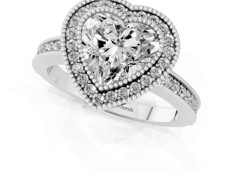 Heart-Shaped Double Milgrain Halo Engagement Ring Setting | Pave Band | Sterling Silver