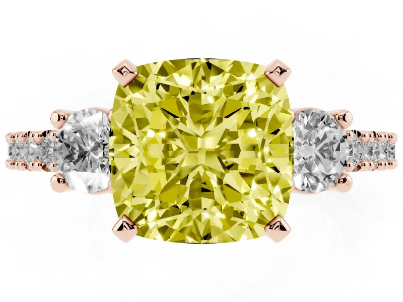 Cushion Cut Three Stone Engagement Ring Setting for a Fancy Yellow Lab-Grown Diamond | Pavé Band | Rose Gold