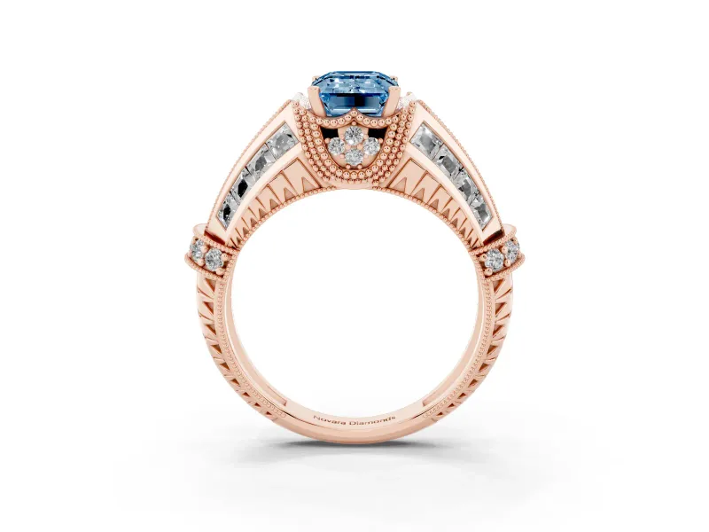 Fancy Blue Emerald Cut Diamond Vintage-Inspired Milgrain Ring Set in Rose gold with Accent Split Shank