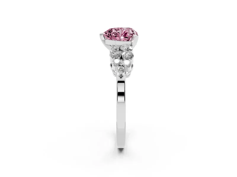 Fancy Pink Heart Cut Diamond Cluster Engagement Ring Set in White gold with Pavé Band and Prong Setting