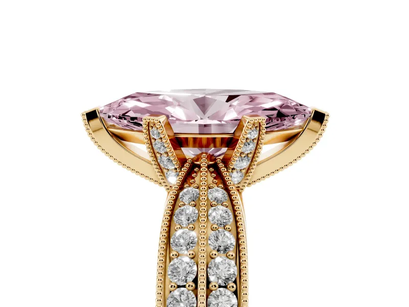 Fancy Pink Marquise Cut Diamond Solitaire Ring Set in Yellow gold with Milgrain Double Row Round Pavé Band