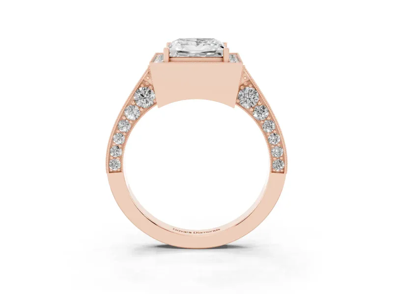 Princess Cut Vintage Milgrain Halo Engagement Ring Setting | Side Stones and Pave | Rose Gold