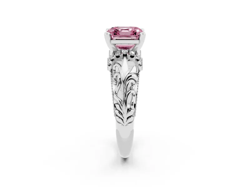 Fancy Pink Asscher Cut Diamond Filigree Halo Engagement Ring Set in Silver with Prong Setting