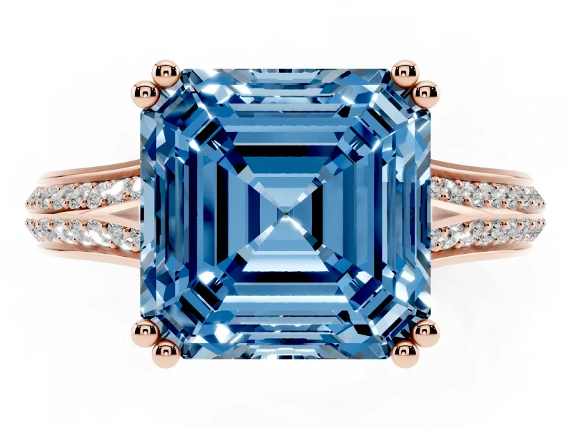 Asscher Cut Pave Split Shank Engagement Ring Setting for a Fancy Blue Lab-Grown Diamond | Double Claw Prongs | Rose Gold