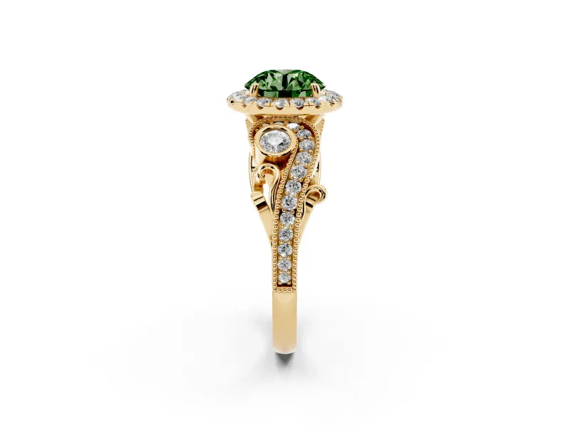 Fancy Green Round Cut Diamond Halo Ring Set in Yellow gold with Milgrain Pavé Band and Prong Setting