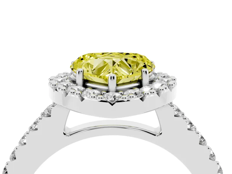 Fancy Yellow Heart Cut Diamond Halo Pavé Solitaire Ring Set in White gold with Prong-Set Center Stone