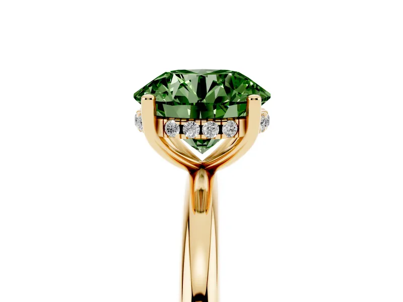 Fancy Green Round Cut Diamond Solitaire Engagement Ring Set in Yellow gold with Prong Setting and Polished Band