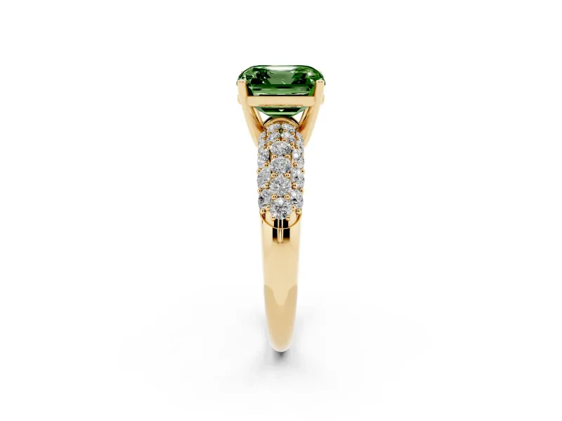 Asscher Cut Multi Row Pave Engagement Ring Setting for a Fancy Green Lab-Grown Diamond | Yellow Gold