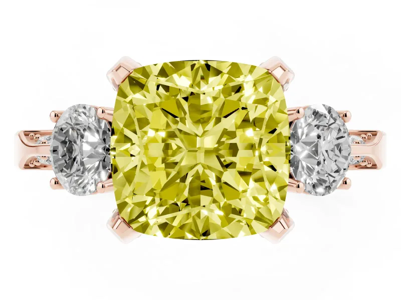 Cushion Cut Hidden Halo Three Stone Engagement Ring Setting for a Fancy Yellow Lab-Grown Diamond | Rose Gold