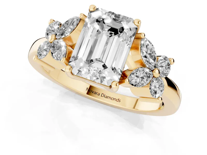 Emerald Cut Floral Side Stone Engagement Ring Setting | Marquise Petals | Yellow Gold