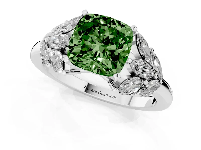 Fancy Green Cushion Cut Diamond Cluster Leaf Design Ring Set in Platinum with Prong Setting