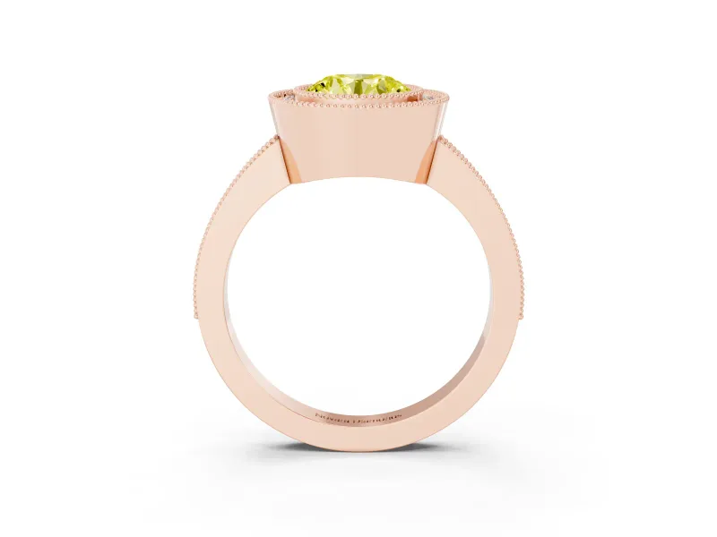 Fancy Yellow Round Cut Diamond Halo Engagement Ring Set in Rose gold with Pavé Band and Round Halo Stones