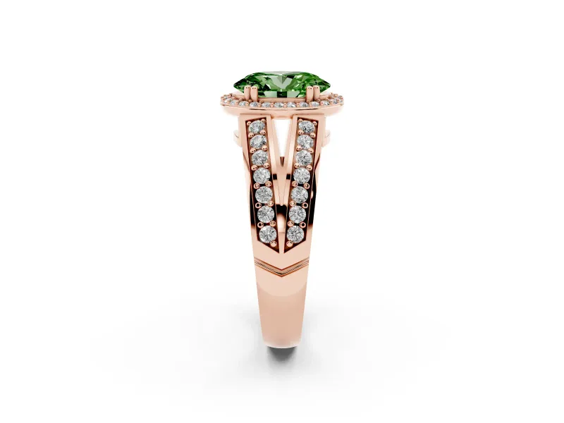 Fancy Green Oval Cut Diamond Halo Ring Set in Rose gold with Double Pavé Split Shank