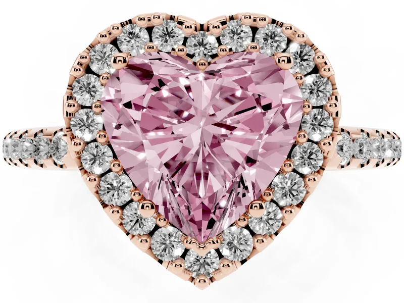 Heart-Shaped Pave Halo Engagement Ring Setting for a Fancy Pink Lab-Grown Diamond | Pave Band | Rose Gold