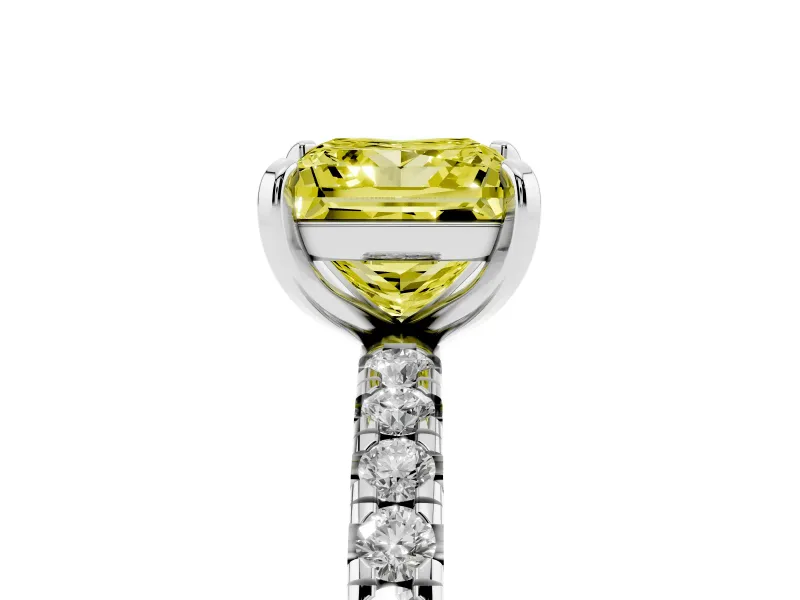 Fancy Yellow Princess Cut Diamond Pavé Solitaire Ring Set in Platinum with Round Band and Prong Setting