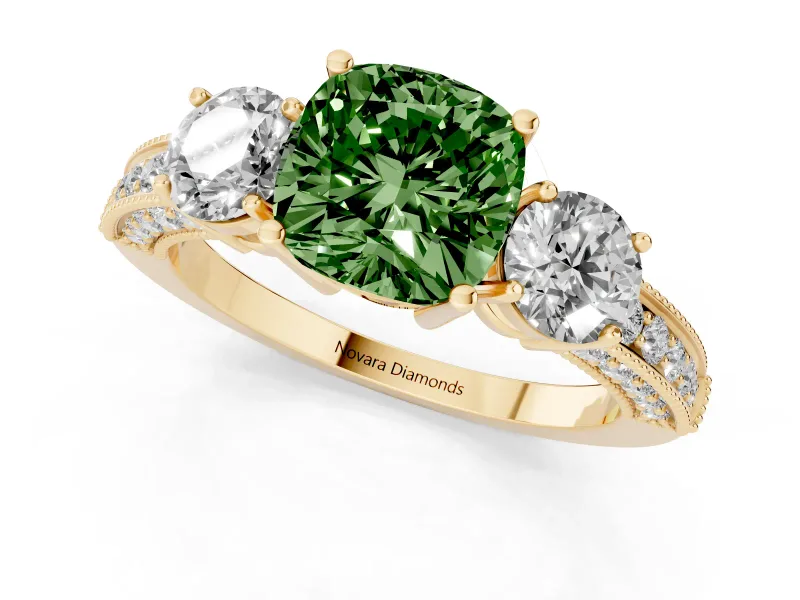 Cushion Cut Three Stone Engagement Ring Setting for a Fancy Green Lab-Grown Diamond | Graduated Pave Band | Yellow Gold